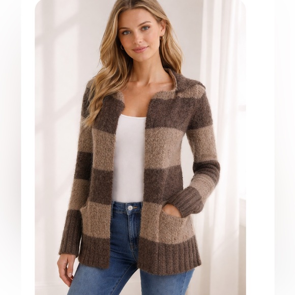 LOFT Sweaters - LOFT Mohair Brown Wide Stripe Open Cardigan Sweater XS